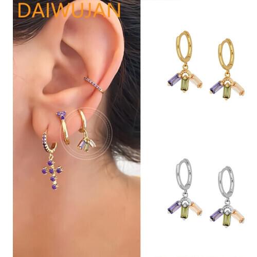 DAIWUJAN Elegant 925 Sterling Silver Hoop Earrings for Women Mix Colors Crystal Zircon Hanging Circle Earrings Prevent Allergy