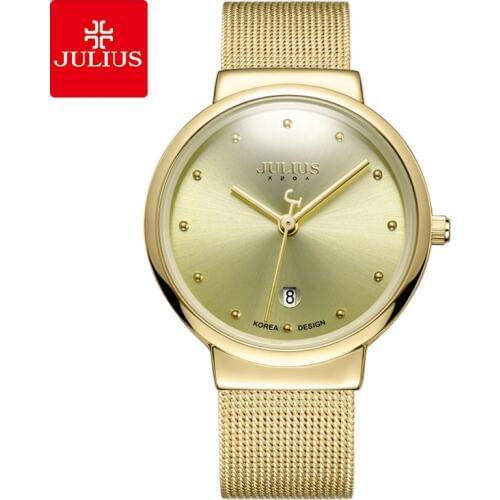 JULIUS JA-426 Mens Silver Gold Brown Black Mesh Stainless Steel Quartz Analog Diamante Dial Fashion Casual Waterproof Watch