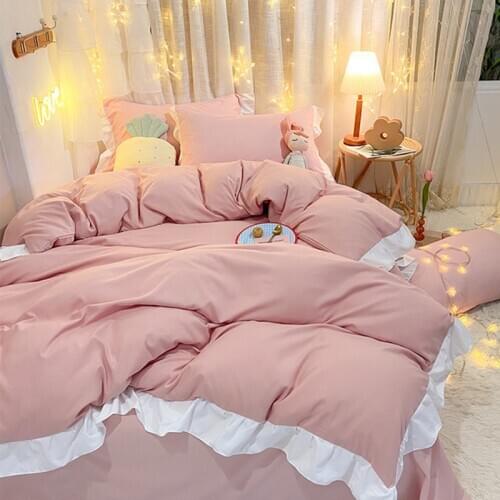 4Pcs Bed Linings Pure Cotton Korean Version Simple Solid Color Lotus Leaf Lace Quilt Cover Bed Sheet Pillow Case Double Bed