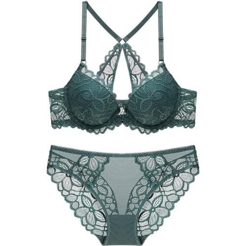 Front Closure Bras Lace Underwear Set Sexy Deep V Brassiere Thick Push Up Bra Panties Sets Embroidery Purple Women Lingerie Set