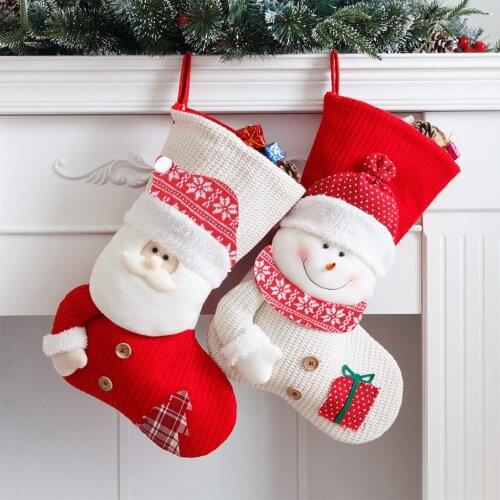 H7EA Red and White Knitted Christmas Stockings Candy Bag Xmas Elf Santa Snowman Doll