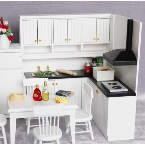 1 Set 1/12 Scale Dollhouse Miniature Kitchen Cabinet + Dinning Table + Chair Mini Furniture Toy Accessories