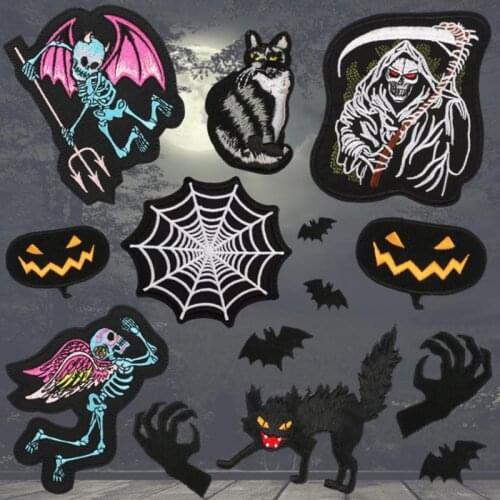 Cartoon Death Shead Spider Web Halloween Devil Black Cat Gothic Punk Pentacle Satanic Wicca Witch Paw of Beast Applique Patches