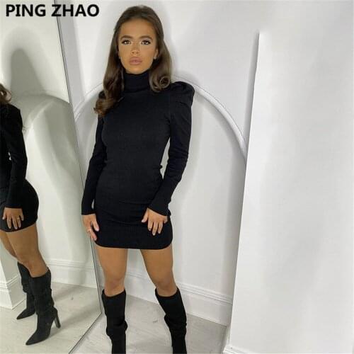 PING ZHAO Long Sleeve Bodycon Dress For Women Turtleneck Sexy Skinny Mini Dresses Slim Winter Club Partywear Vestidos Female