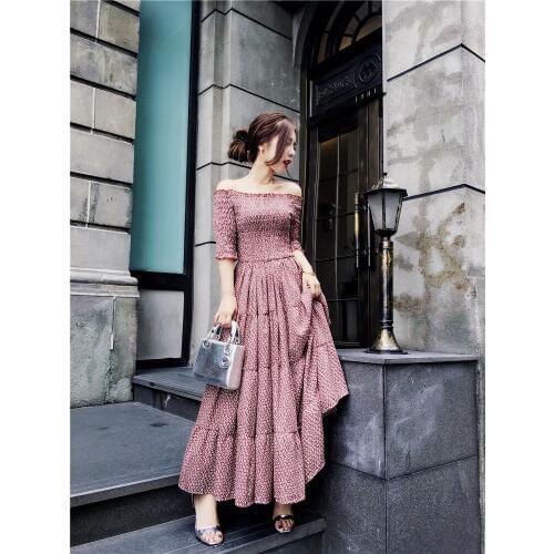 Floral female Off shoulder fashion waist slimming large dress long section summer dresses Women ruffle pleated dress