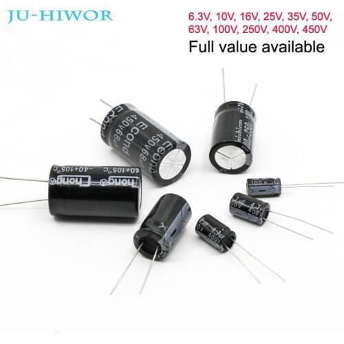 Full Value Aluminum Electrolytic Capacitor 6.3V 10V 16V 25V 35V 50V 63V 100V 250V 400V 450V 10uF to 1000uF 1000uF to 4700uF