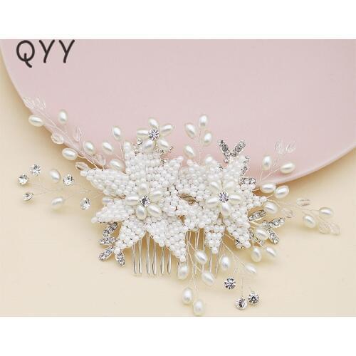 QYY Newest White Pearls Flower Wedding Hair Comb Bridal Handmade Rhinestone Hair Accessories Jewelry Princess Headpieces Clip
