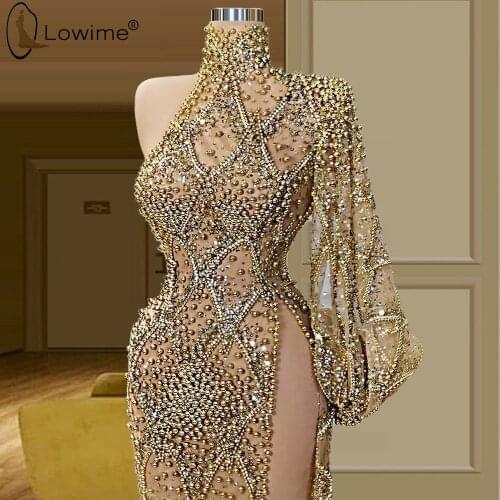 Luxury Heavy Beading High Neck Evening Dresses Muslim Long Sleeve Sexy illusion Split Mermaid Evening Gowns Formal Dress