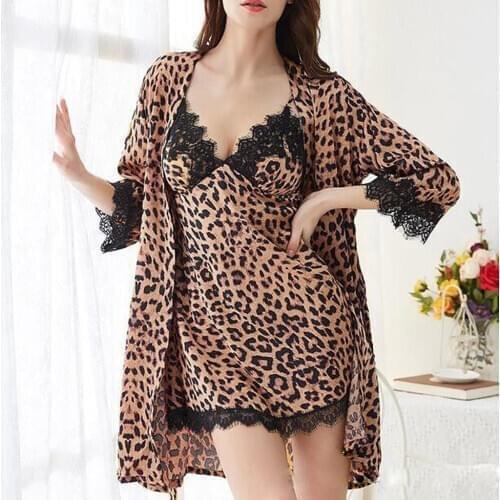 Sexy Lace Lingerie Women Leopard Print Nightgown Bathrobe Set Sex Nightwear Sleepwear Kimono Robe Bridesmaid Robe Dressing Gowns