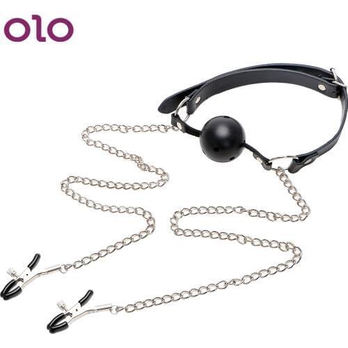 OLO Open Mouth Ball Gag Oral Fixation Nipple Stimulator with Nipple Clamp Sex Toys for Women Men Couple Adult Games Flirting