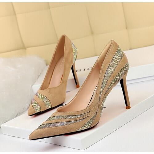 UMMEWALO High Heels Shoes Women Flock Pointed Toe Pumps Ladies Shoes New Arrival