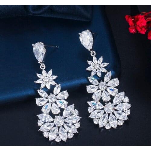 ThreeGraces Luxury Cubic Zirconia Big Long Dangle Drop Flower Wedding Earrings for Women Bridal Party Costume Jewelry ER479
