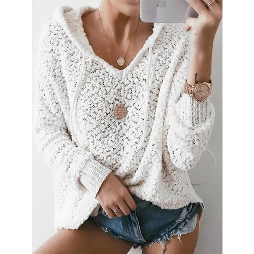 Fitshinling Womens sweaters 2020 winter fashion korean style white pullovers knitwear jumpers solid hooded knitted sweater lady