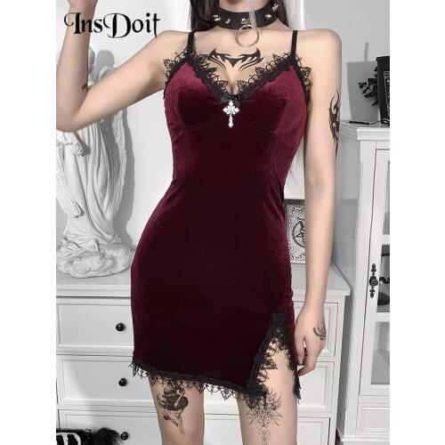 InsDoit Gothic Sexy Summer Mini Dresses For Women Velvet Vintage Sleeveless Dress Aesthetic Backless Split Elegant Party Dress