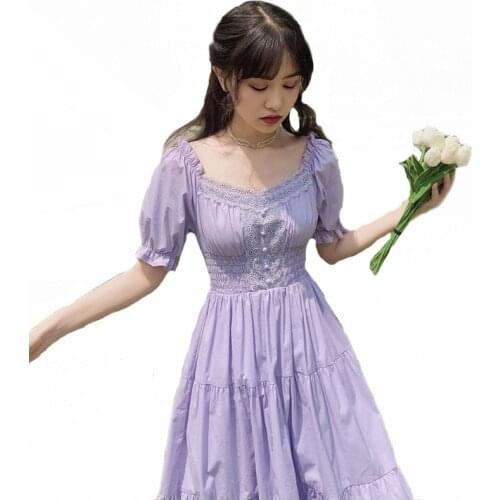 White Lace Dress Women 2021 Purple Ruffle Summer Elegant Puff Sleeve Dress Franch Fashion Vintage Long Dresses Lady JD1241