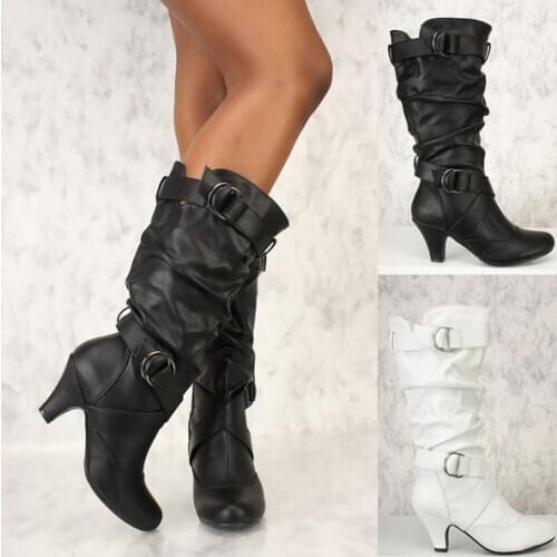 2019 Fashion Mid Calf Spike High Heels White Black Ridding Western Boots Street Goth Ladies Shoes Plus Size Womens Boot
