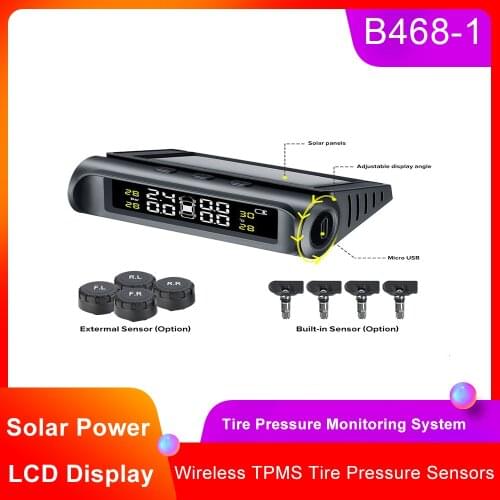 B468-1 Solar Car Tire Pressure Sensors+4 External Sensor Wireless Adjustable Angle Tyre Temperature Alarm Monitoring System TPMS
