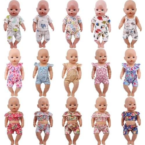 Dolll Clothes Printed one-Piece Clothes Shirt+Short Fit 18 Inch American &43 Cm Born Doll Baby For Our Generation Girls Toy
