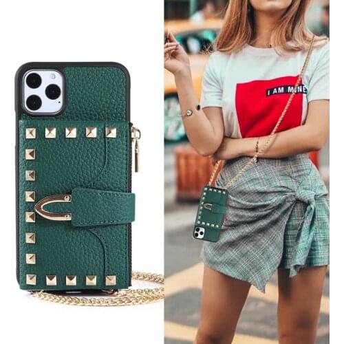 Rivet Strap Cord Chain Wallet Phone Case For iPhone 12 Mini 11 Pro XS Max XR X 7 8 Plus SE2 Lanyard Carry Hang PU Leather Bag