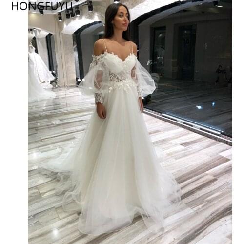 HONGFUYU Boho A-line Tulle Wedding Dress vestido de noiva Appliques Lace Bridal Dress Spaghetti Straps Wedding Gowns Sweep Train