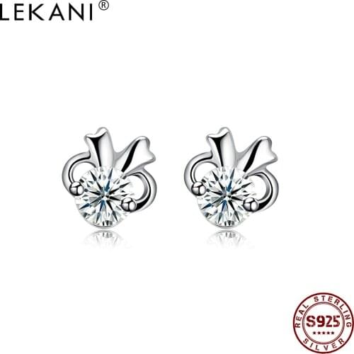 LEKANI Geometric Korean 925 Sterling Silver Stud Earrings For Women Clear Cubic Zirconia Simple Small Earring Party Fine Jewelry