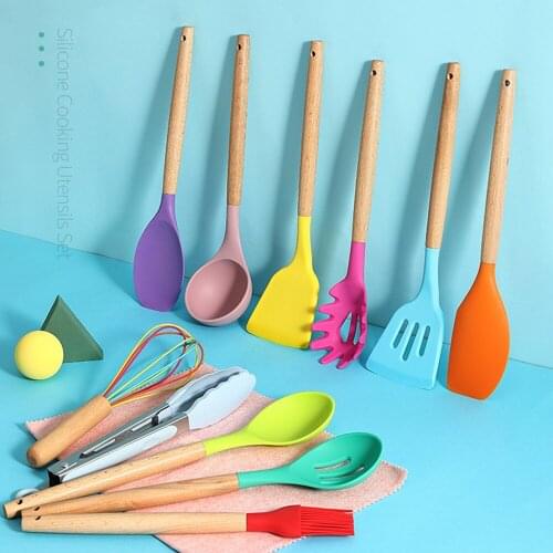 Silicone Kitchen Tools Set Cooking Tools Utensils Set Spatula Shovel Soup Spoon with Wooden Handle Special Heat-resistant Design