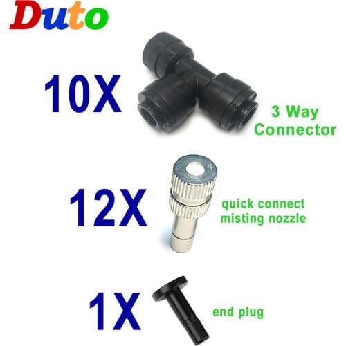 DIY misting kits include 12pcs quick connect nozzle kit 10pcs 3way connector 1pcs end plug for gazebo misting cooling system