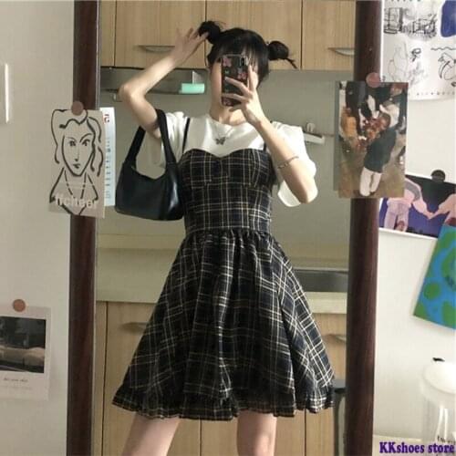 2021 Summer New Korean Sleeveless Skirt High Waist All-match A- Line Ruffles Dungaree Dress Women Sweet Lolita Dress