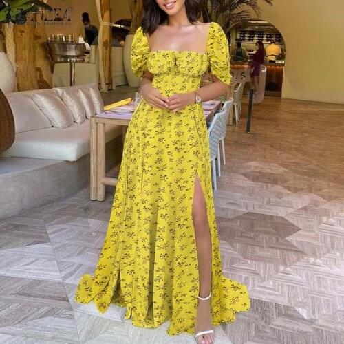 ZANZEA Women Bohemian Floral Printed Maxi Dress Summer Sundress Fashion Square Neck Short Sleeve Split Long Holiday Vestidos