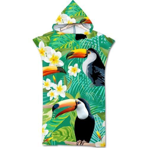 Summer Holiday Hooded Beach Towel Microfiber Changing Robe Surf Poncho Towel for Swimming Beach Tropical Birds Bathrobe Wetsuit