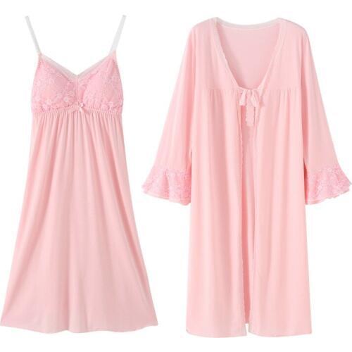 Casual Modal Nightwear Strap&Robe Nightgown Sleepwear Women Kimono Robe Home Dressing Gown Sexy Bride Wedding 2PCS Robes Set