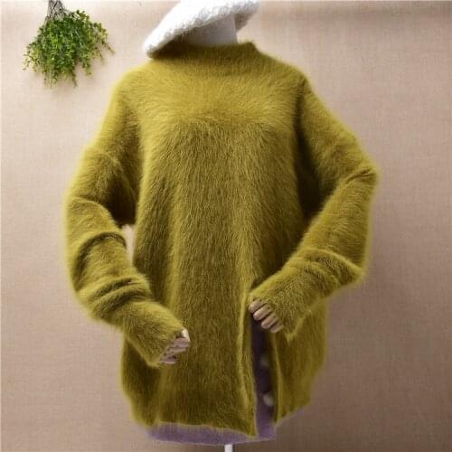 Pull female women hairy winter mink cashmere knitted long sleeves slit loose pullover angora rabbit hair winter jumper sweater