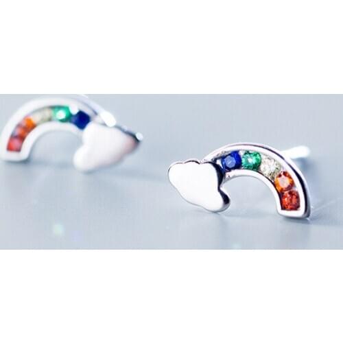 925 Sterling Silver Rainbow Colorful Crystal Stud Earrings for Women Gift Jewelry female Ear pendientes boucle d oreille eh103