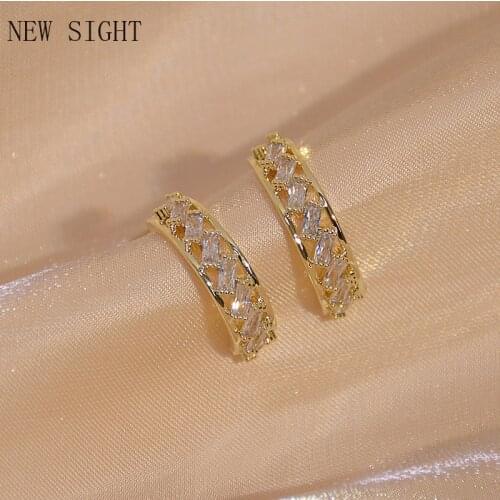 Japanese&Korea Delicate Jewelry 14K Real Gold AAA Zircon Stud Earrings for Women Simple Style Geometric Earrings