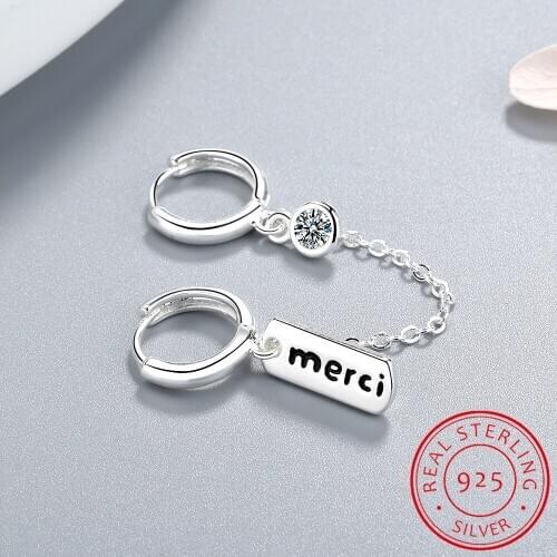 1PC Fashion Punk Double Ear Hole Letter "Merci" Hoop Earring 925 Sterling Silver Cubic Zirconia Jewelry For Women S-E962