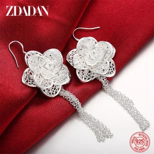 ZDADAN 925 Sterling Silver Charm Tassel Flower Long Drop Earrings For Women Fashion Wedding Jewelry Party Gift