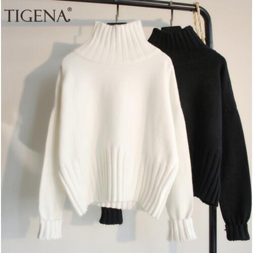 TIGENA Fashion Design Turtleneck Sweater Women Jumper 2019 Winter Loose Long Sleeve Knitted Pullover Sweater Female Black White