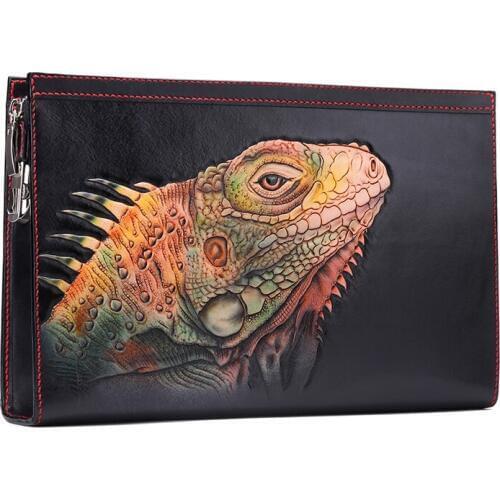 High-end Customization Men Vegetable Tanned Leather Carving Lizard Bag Money Holder Clutch Purse Man Cigarette Clutches Envelope