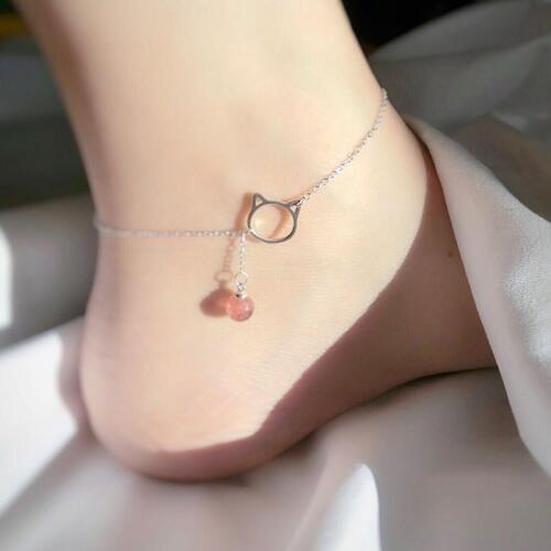 Yong Cheng Strawberry Crystal Kitty Take Pull Anklet Lovely Small Fresh Mori Student Foot Ring S925 Pure Silver Accessories