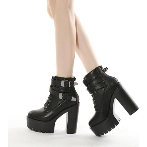 Fashion Spring Autumn Women Shoes Black High Heels Boots Lacing Platform Ankle Boots Black Heel Genuine Leather Boots Large size