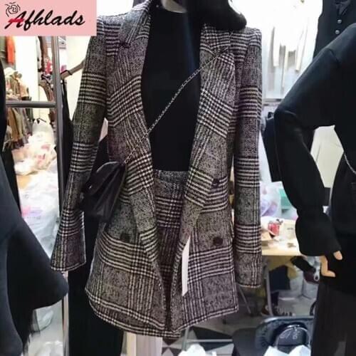 Plaid Winter And Autumn Womens Jacket two-Piece Set Elegant Formal Warm Coat Jacket Top + Bodycon Skirt Two-Piece Set