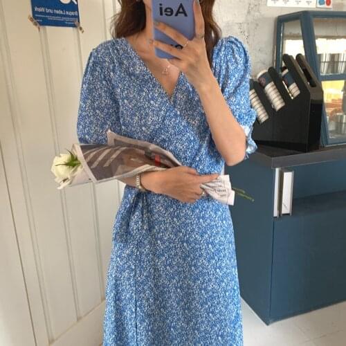 One Piece Dresses Femme Lace-Up Thin Streetwear All Match New Long 2021 Blue Sexy Prom Casual V-Neck Printed Florals Vestidos