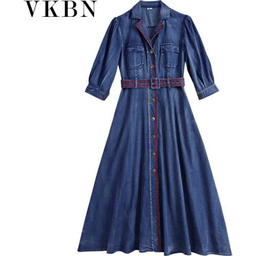 VKBN Spring Autumn New Belt Jeans Dress Women Embroidery Lantern Sleeve High Waist Cowboy Dresses for Women Turn-down Collar