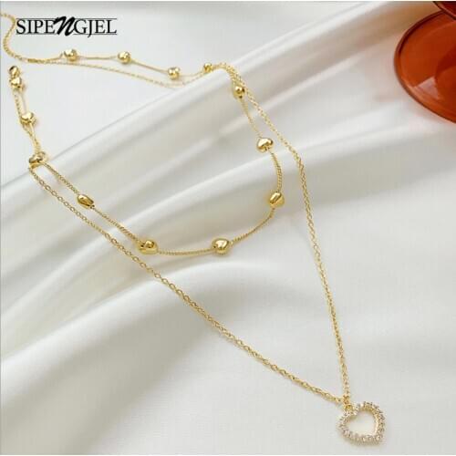 SIPENGJEL Fashion Double layer Heart Necklace Summer Gold Simple Clavicle Chain Elegant Necklaces For Women Party Jewelry 2021
