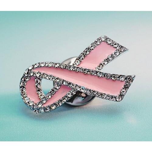 1.2 Inch Silver Tone Clear Rhinestone Crystal Diamant Pink Enamel Ribbon Bow Brooch Breast Cancer Awareness Pins