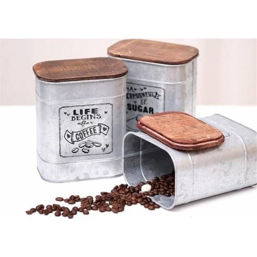 Tea Coffee Sugar Storage Jars Wooden Lid Sealed Box for Kitchen Metal Canister Tin Jar Loose Grain Cereals Candy Organizer