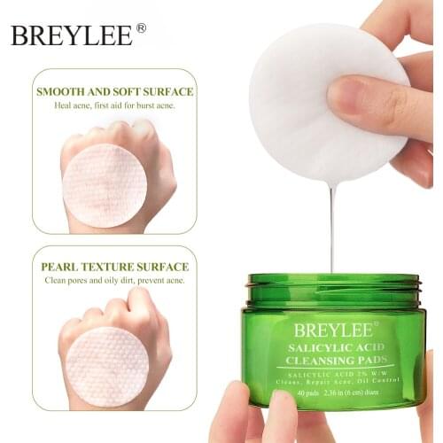 BREYLEE 2% Salicylic Acid Cleansing Pads Pimple Acne Treatment Removal Blackhead Oil Control Cleaning Pore Smooths Skin Pads