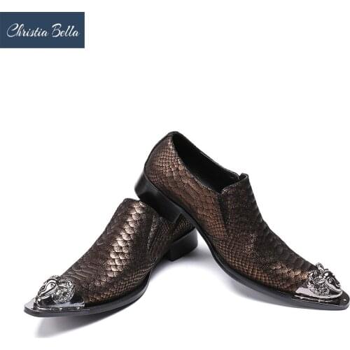Christia Bella Men Dress Shoes Fashion Metal toes Man Genuine Leather Wedding Shoes Social Sapato Oxfords Flats Shoes Sapatos