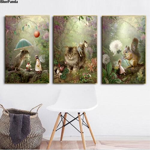 Fairy Tale Girls Angels And Animal Posters 3 Pieces Canvas Prints Picture Paintings For Living Room On The Wall Home Decor