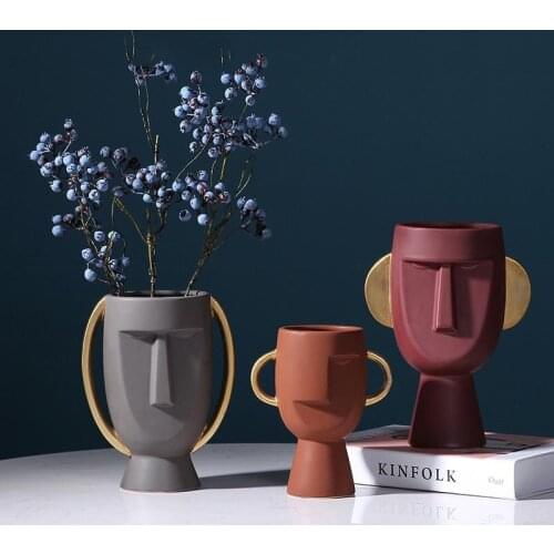 Ceramic Head Shape Flower Vase Modern Abstract Face Figurines Decor Flowerpot Home Coffee Dining Table Geometric Ornaments Vases